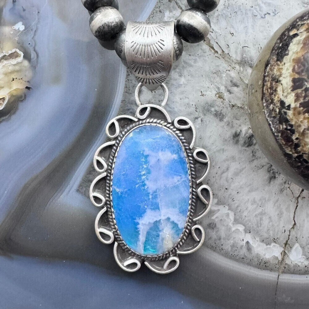 Sterling Southwestern Style Oval Plume Doublet Agate Decorated Pendant For Woman